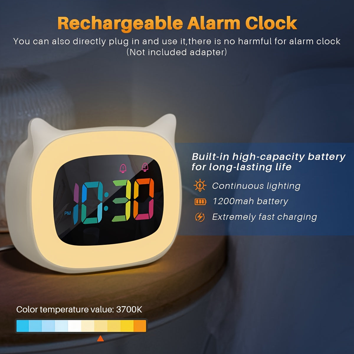 Söt Kattöra Väckarklocka – RGB Nattlampa med 18 Melodier och USB Laddningsbar