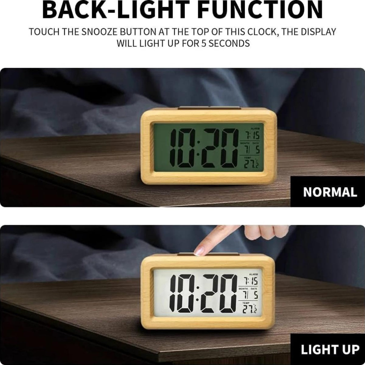 Trä Digital Väckarklocka – LED-display med Temperatur och Datum