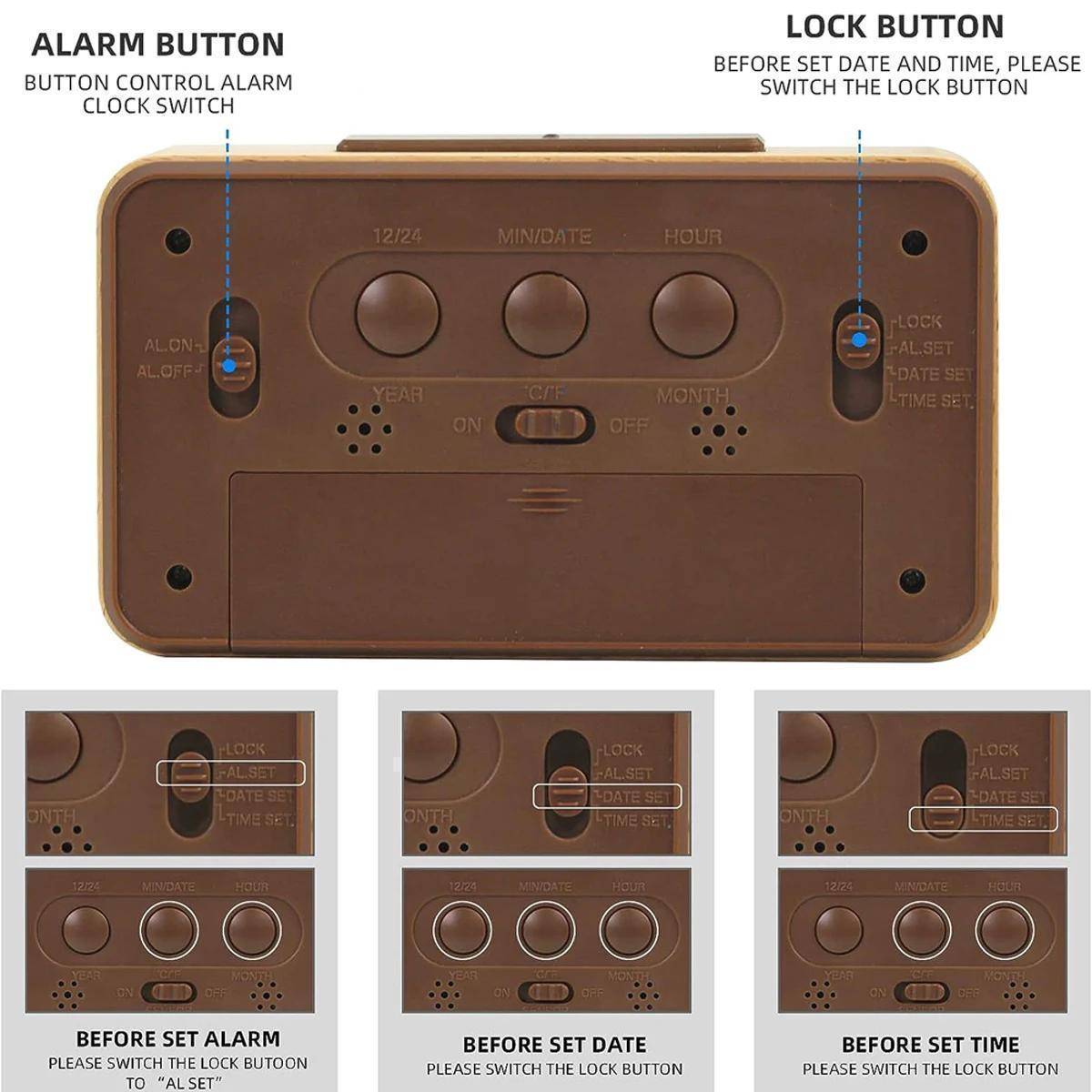 Trä Digital Väckarklocka – LED-display med Temperatur och Datum