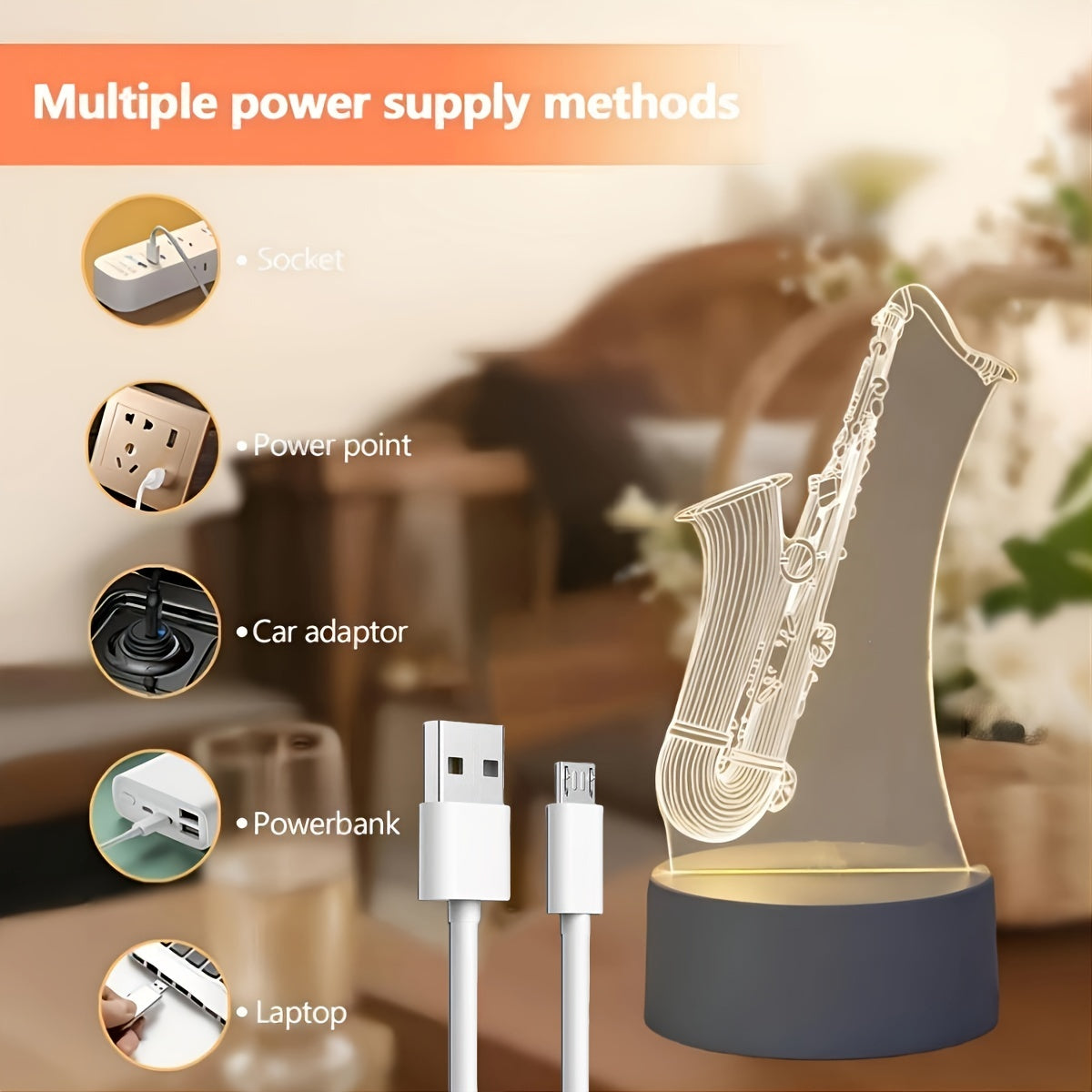 SaxGlow - 3D Saxofon LED Nattljus, USB-Driven Bords- och Lampa