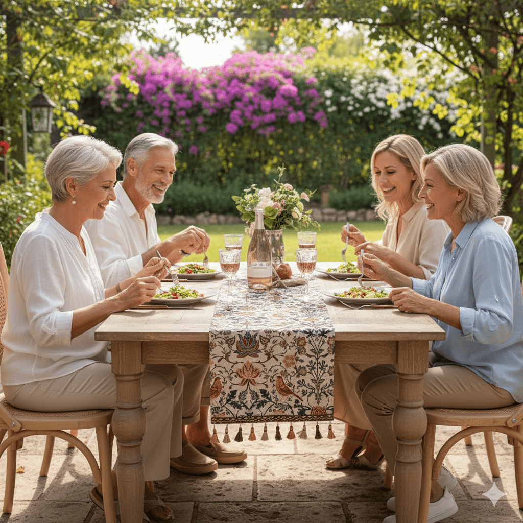 EVERBLOOM LINENS – Elegant bordsduk med jacquardmotiv av blommor och fåglar