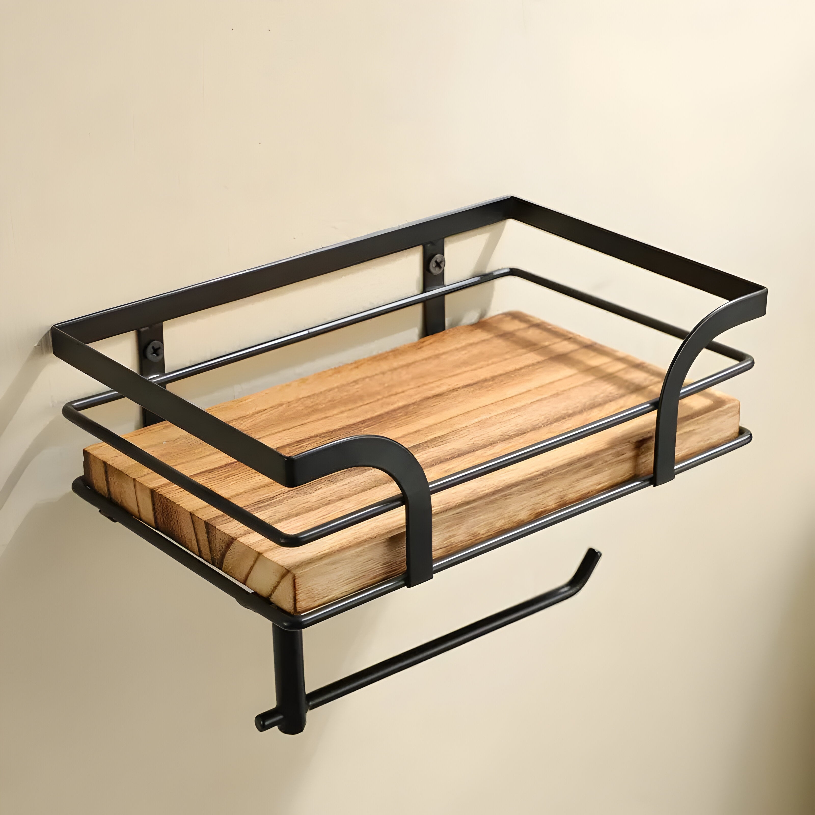 Trähylla med pappershållare – Praktisk organisatör för badrummet