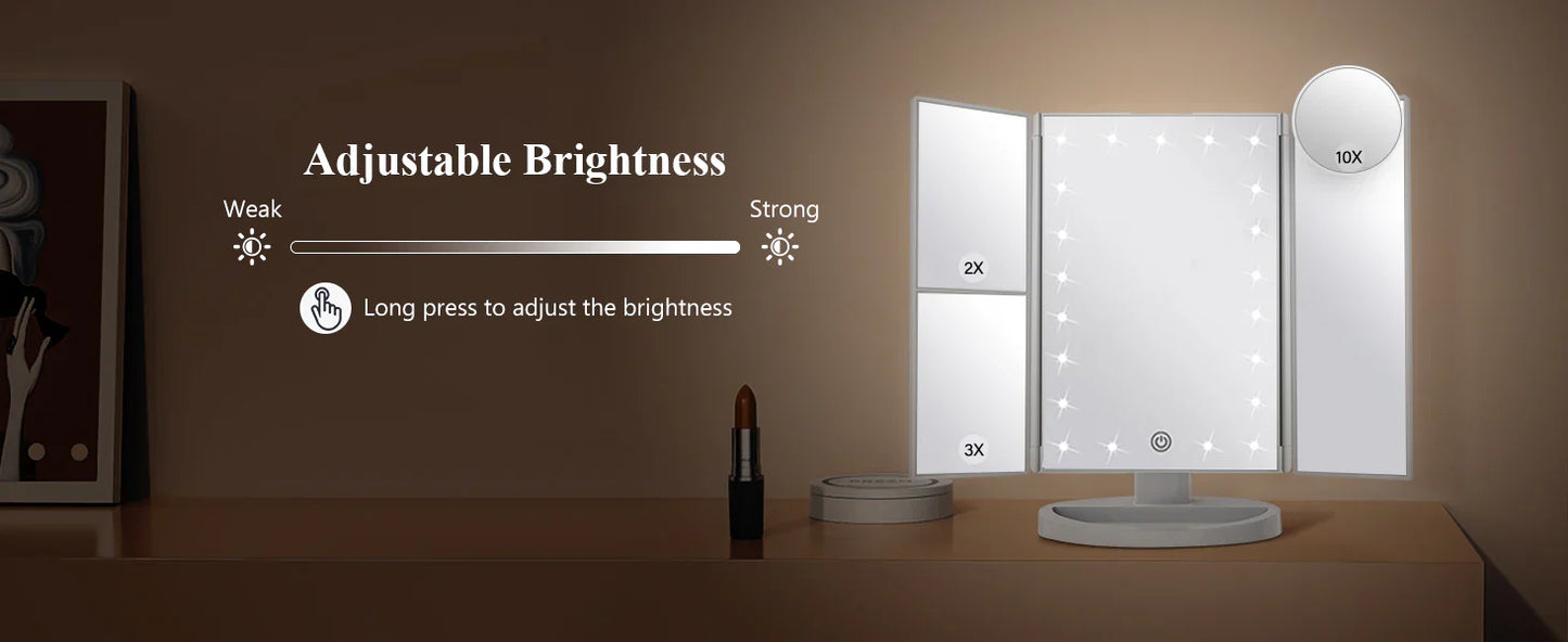 Luxora Tri-Fold Led Smink Spegel Med Ljus 2X 3X 10X