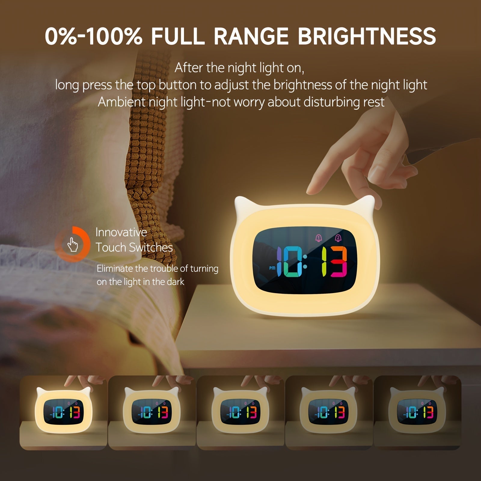 Söt Kattöra Väckarklocka – RGB Nattlampa med 18 Melodier och USB Laddningsbar