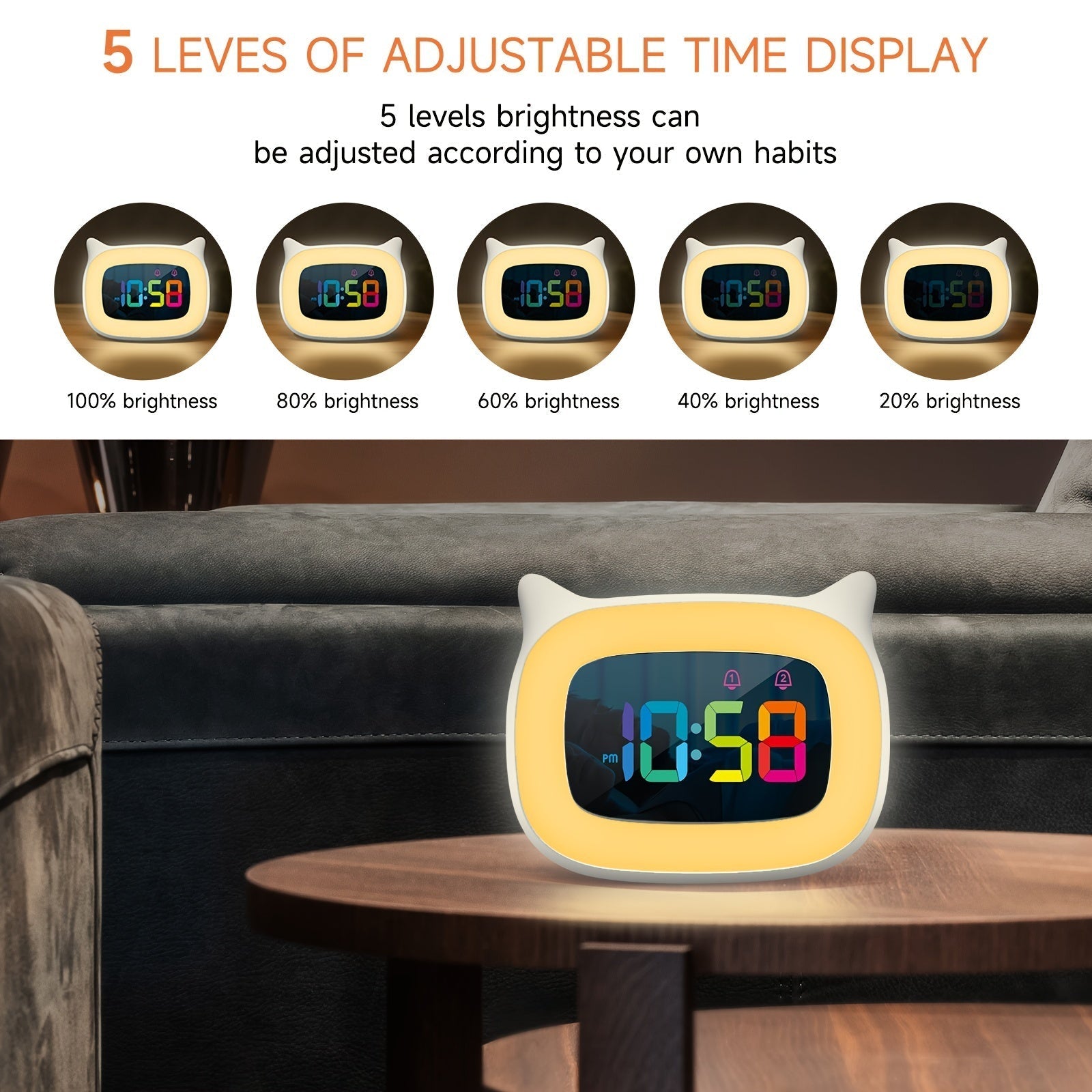 Söt Kattöra Väckarklocka – RGB Nattlampa med 18 Melodier och USB Laddningsbar