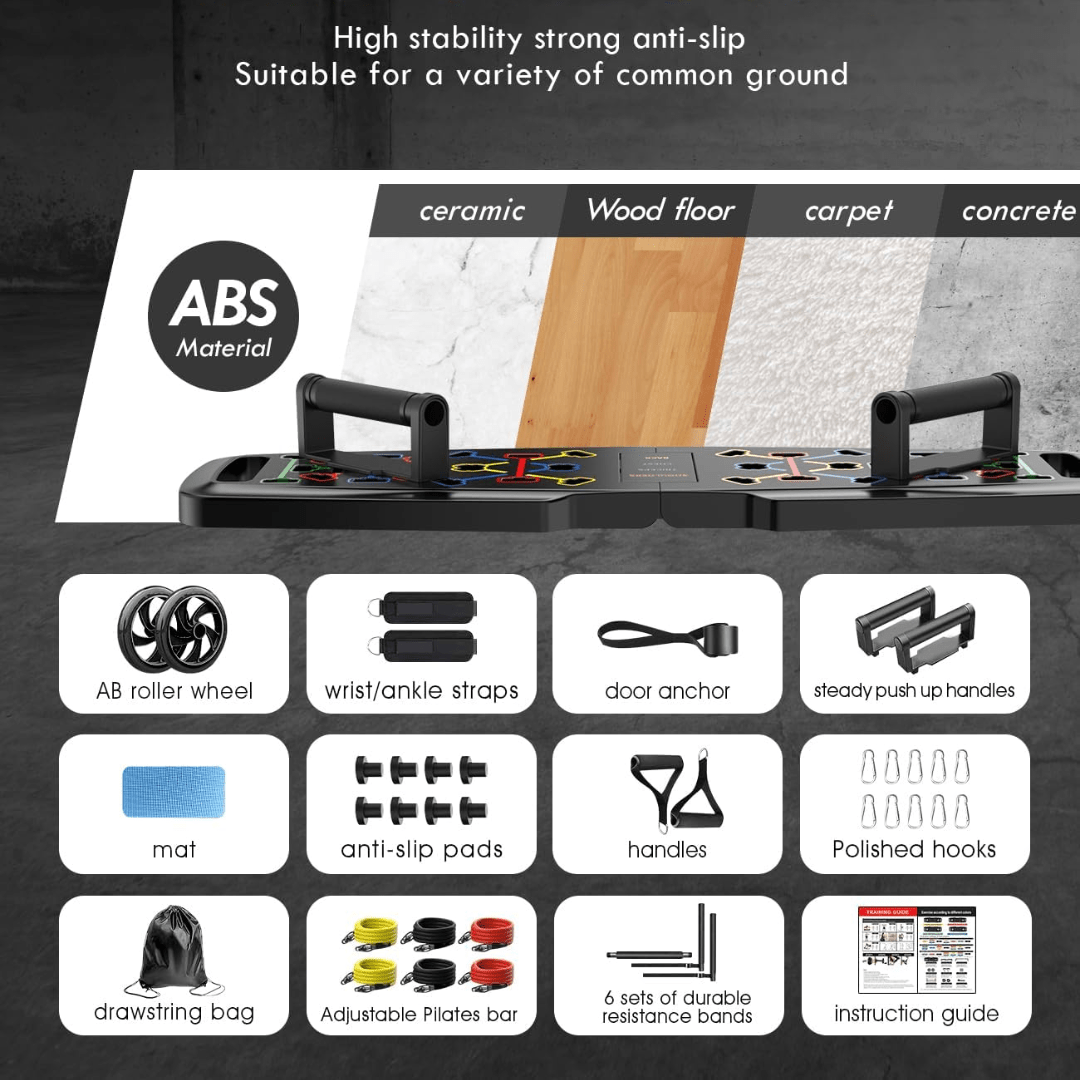FitFlex Komplett Fitness Set - Hemma Träningskit med Push-Up Bräda, Pilatesstång, Motståndsband & AB Rulle