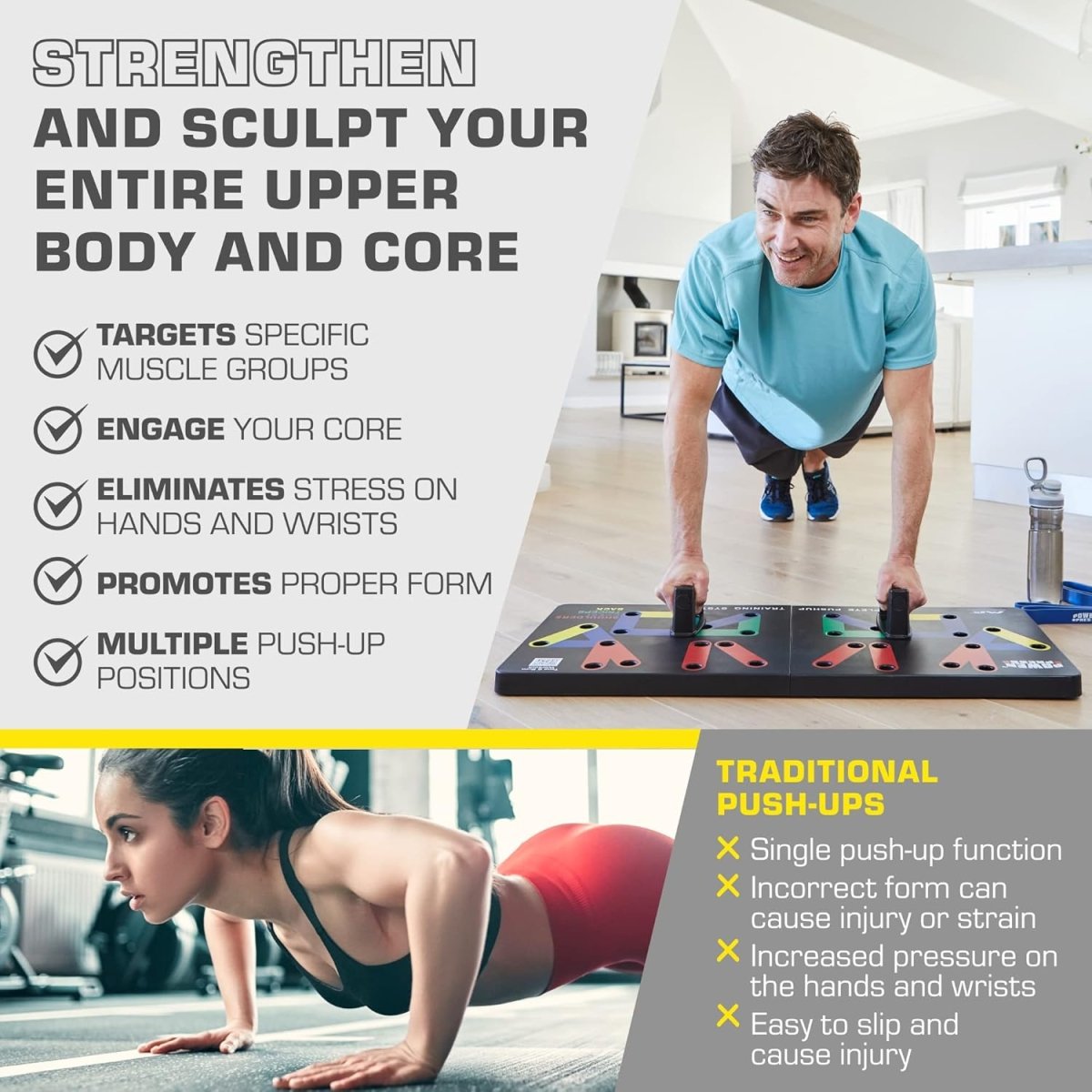 Flexifit hopfällbar armhävning träningsbräda - 30+ färgkodade positioner - Hela kroppen styrketräning - Bröst, armar, axlar träning