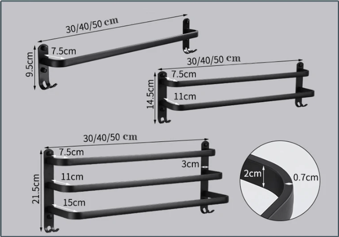 FlexRack – Vägghängt aluminium badrumshylla med 3 tvärstänger