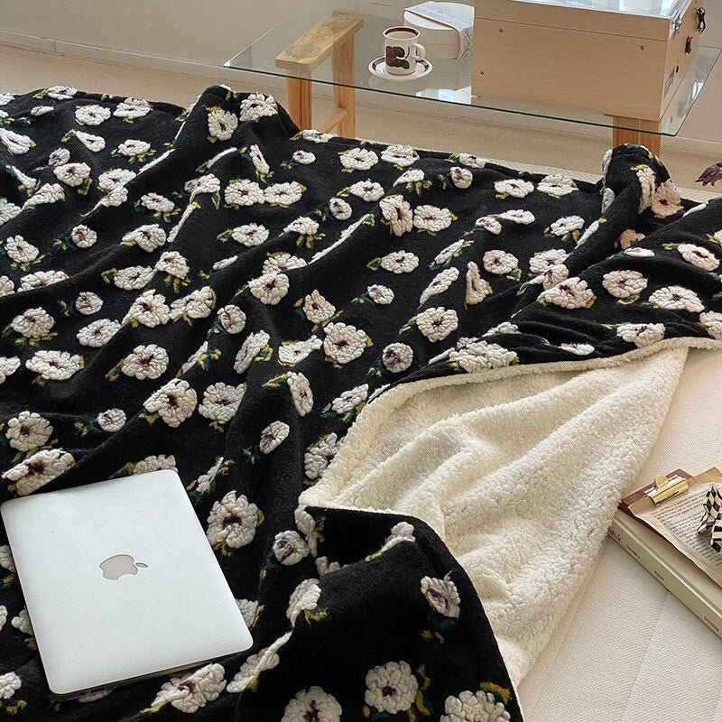 Puffig Blommig Plysch Tjock Filt för Mysig Bekvämlighet