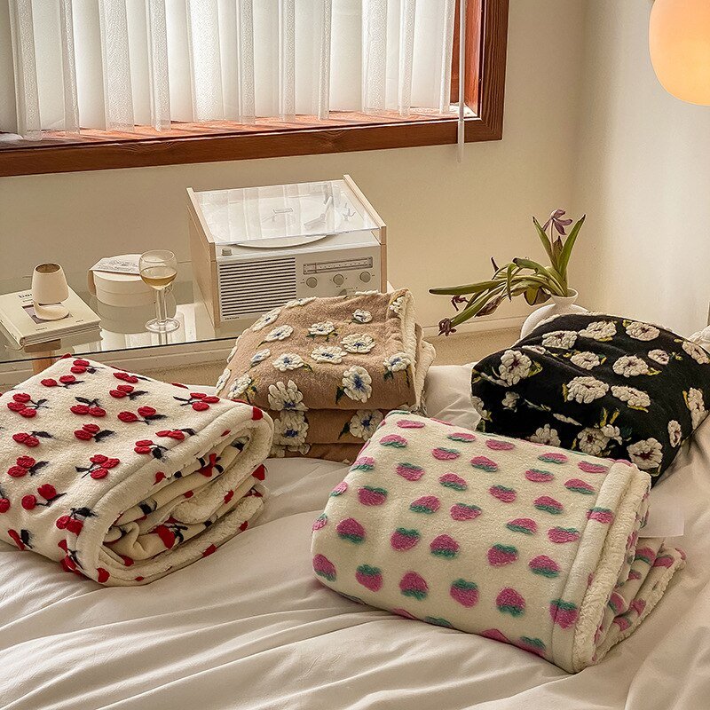 Puffig Blommig Plysch Tjock Filt för Mysig Bekvämlighet