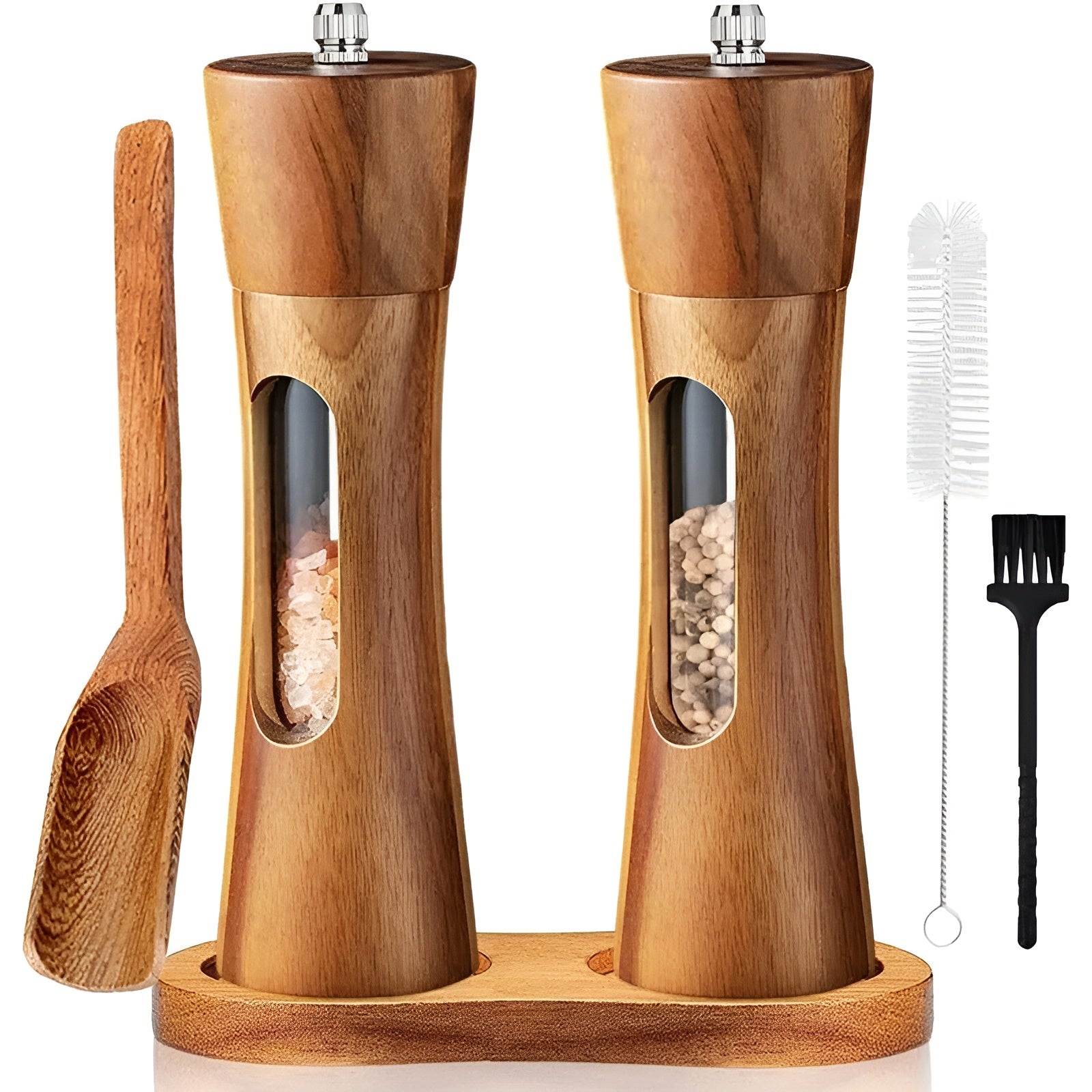 Manuella salt- och pepparkvarnar – träddesign med akrylfönster | set med 2 kvarnar