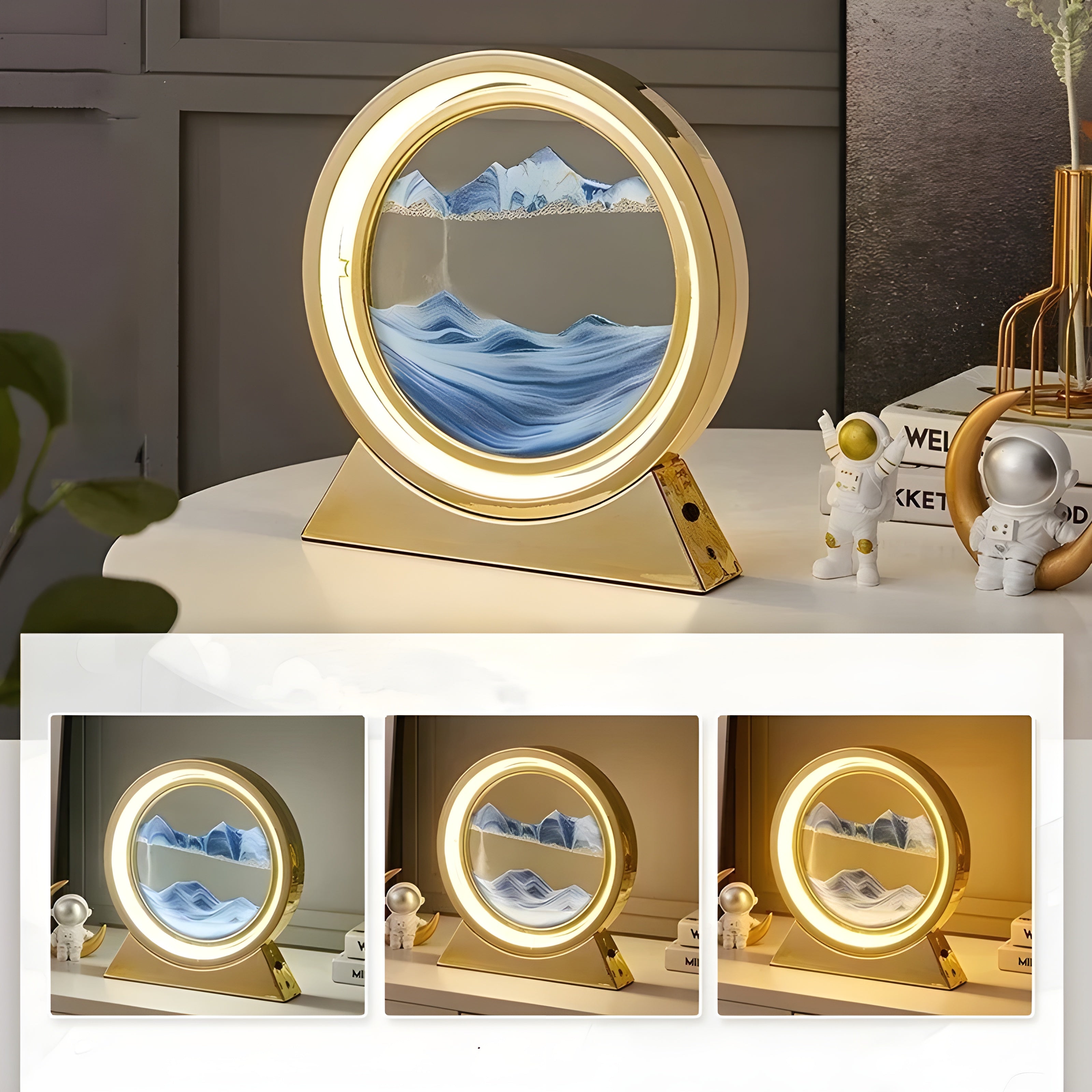 Sandbildslampa – LED-bordslampa med 3D sandmotiv | Avkopplande dekoration för vardagsrum och kontor