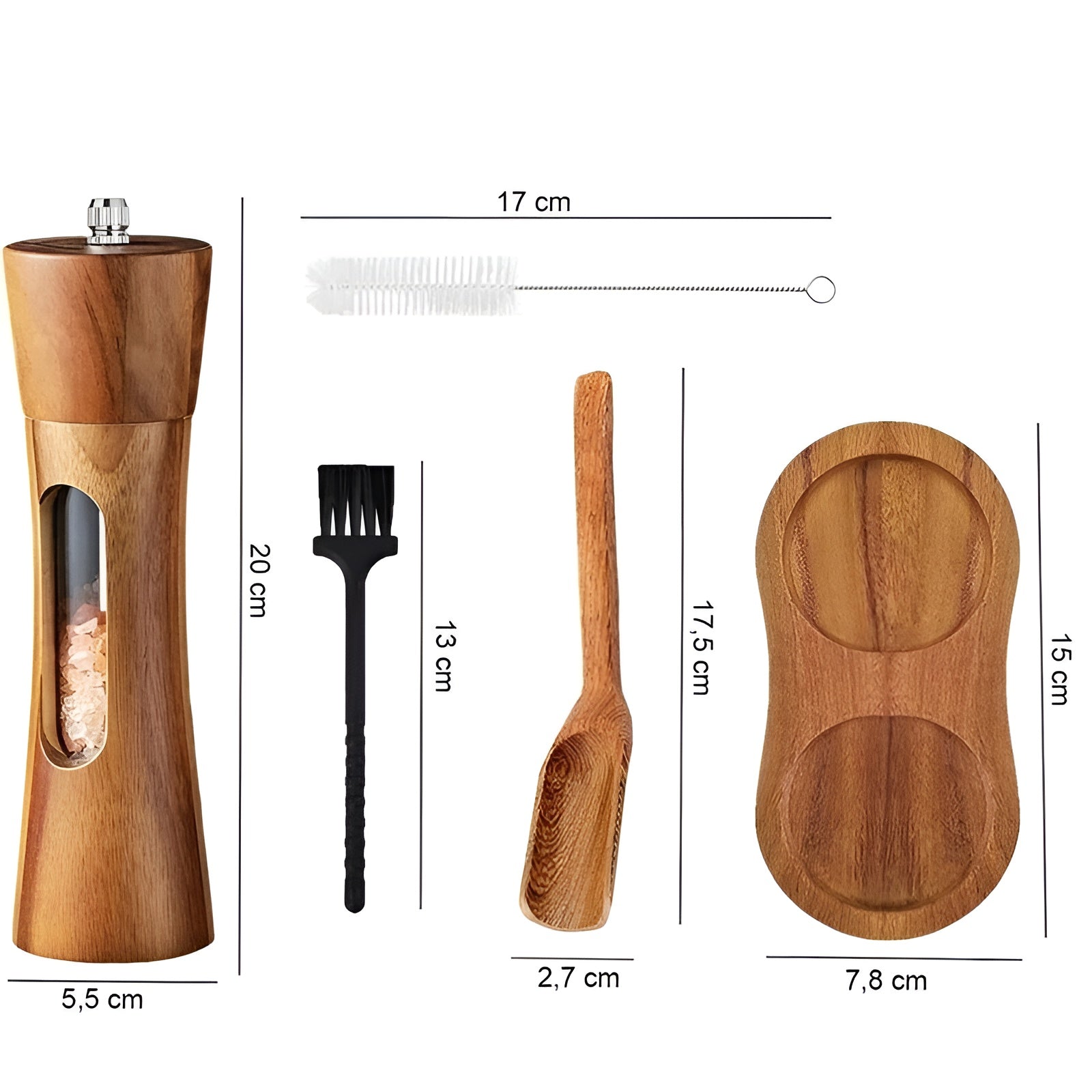 Manuella salt- och pepparkvarnar – träddesign med akrylfönster | set med 2 kvarnar