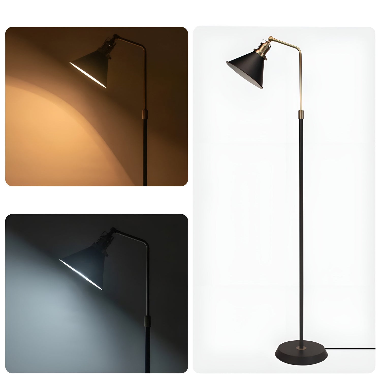 Metallgolvlampa – Svart med guldaccenter | Industriell design