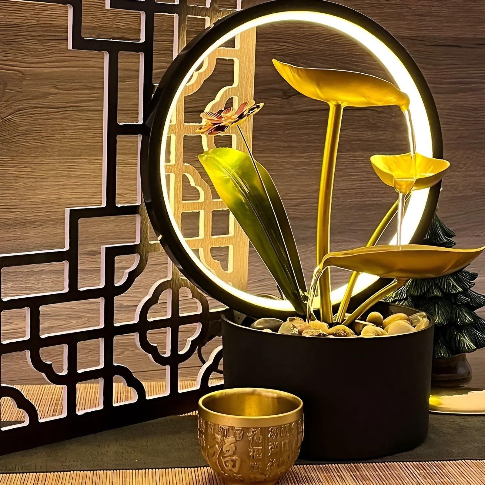 Bordslampa med vattenfontän – Avkopplande LED-dekorationsljus för stiliga bostadsutrymmen