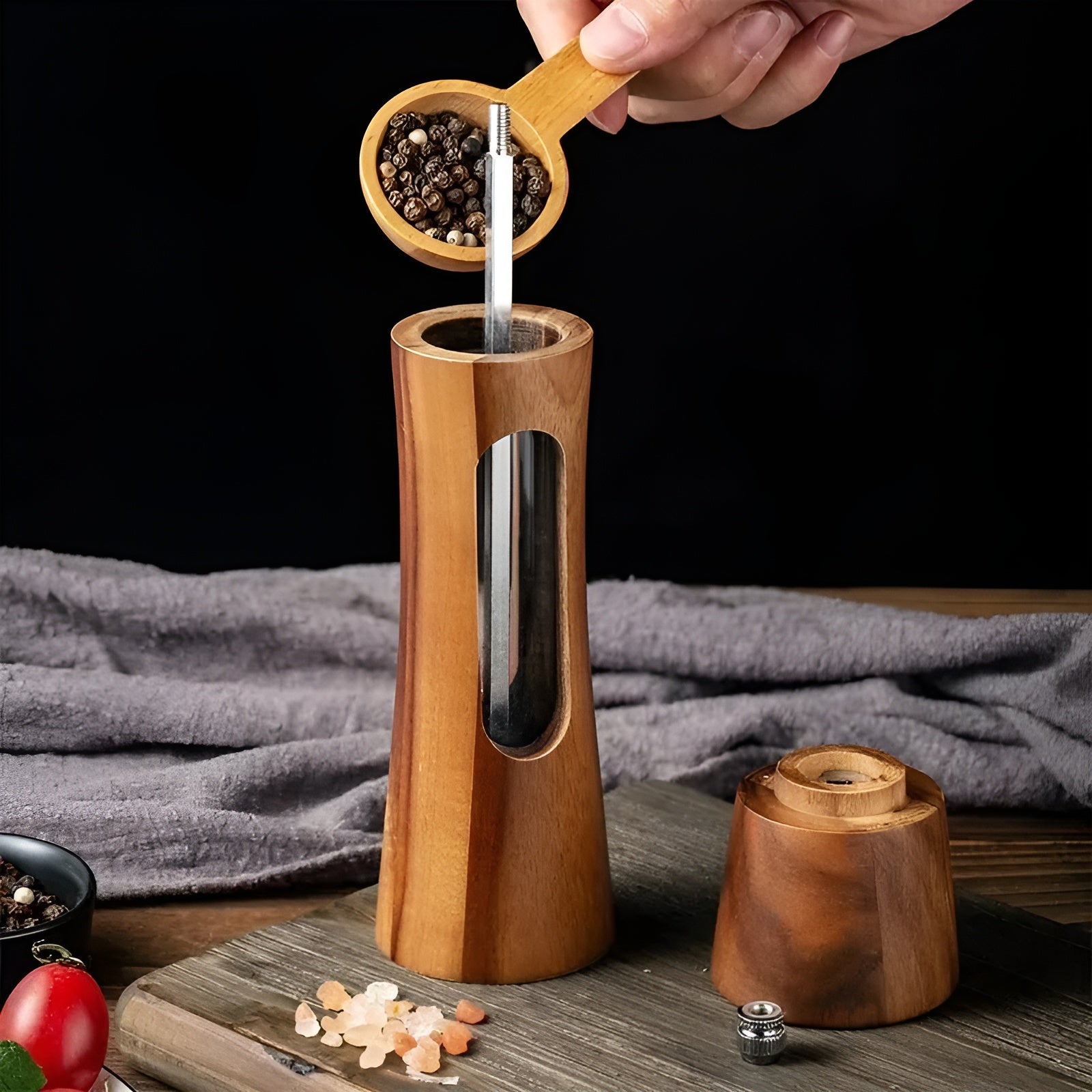 Manuella salt- och pepparkvarnar – träddesign med akrylfönster | set med 2 kvarnar