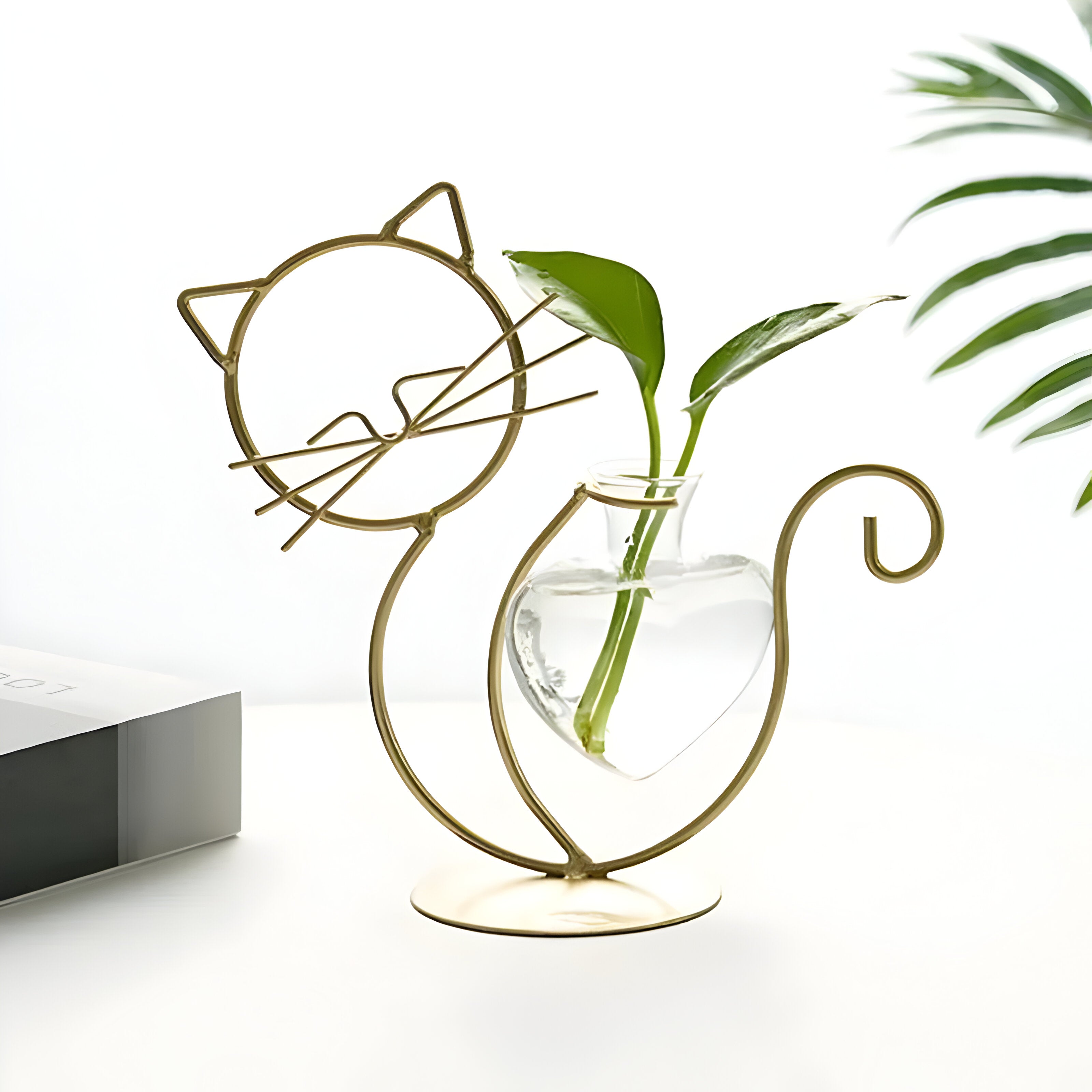 AquaPurr Vas - Hydroponisk Glas-Hjärta-Vas med Kattformad Hållare