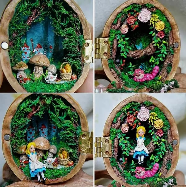 NATUREHAVEN – Handgjord dockhus av valnötskal för unik miniatyrdekoration