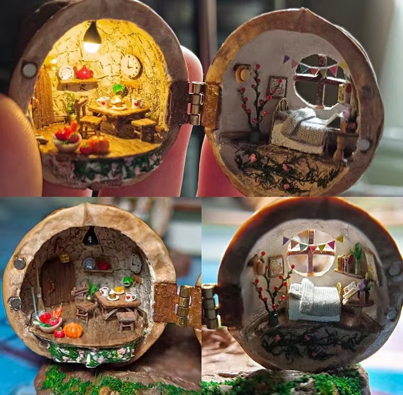 NATUREHAVEN – Handgjord dockhus av valnötskal för unik miniatyrdekoration