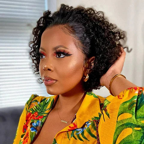 Royaleva Premium Spets Front Kort Lockig Pixie Bob Mänskligt Hår Väv Peruk