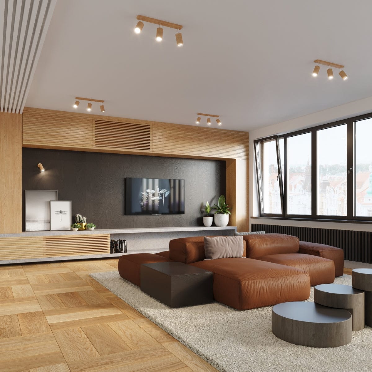 Taklampa Berg 3 Naturligt Trä - Trälampa - Tre Rörliga Lampskärmar - Stilig och Funktionell Design - Kompatibel med GU10 Glödlampor