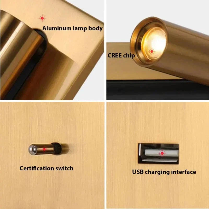 Justerbar USB-laddningsvägglampa med 350° rotation – Modern vägglampa för nattduksbord och hotellanvändning