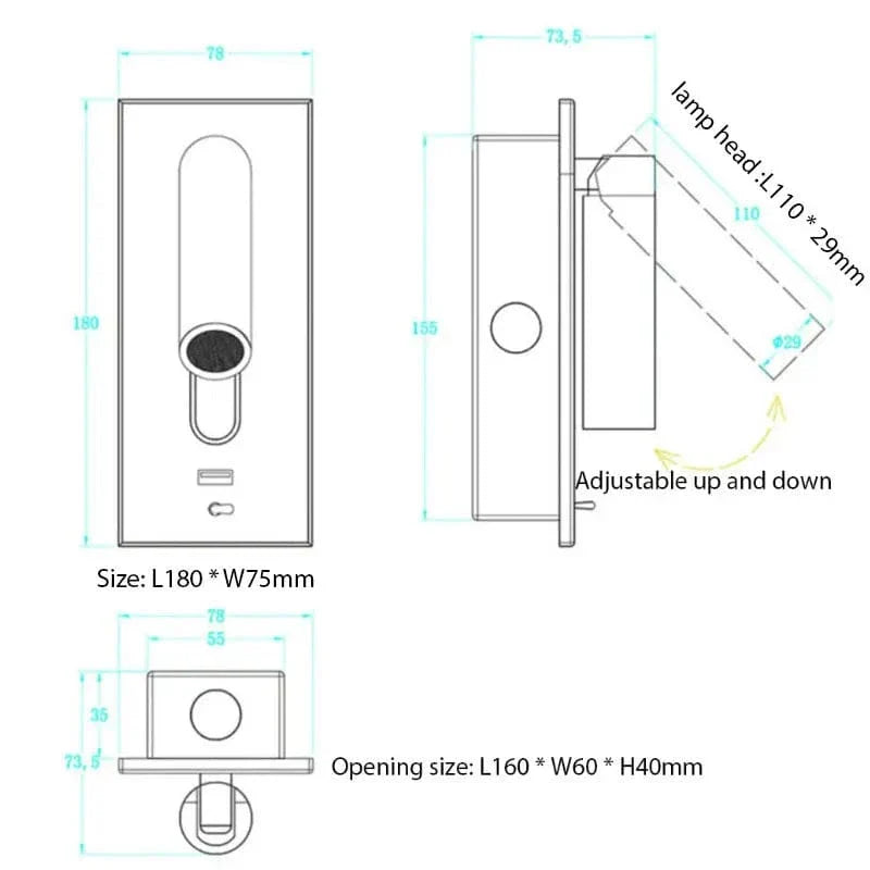 Justerbar USB-laddningsvägglampa med 350° rotation – Modern vägglampa för nattduksbord och hotellanvändning