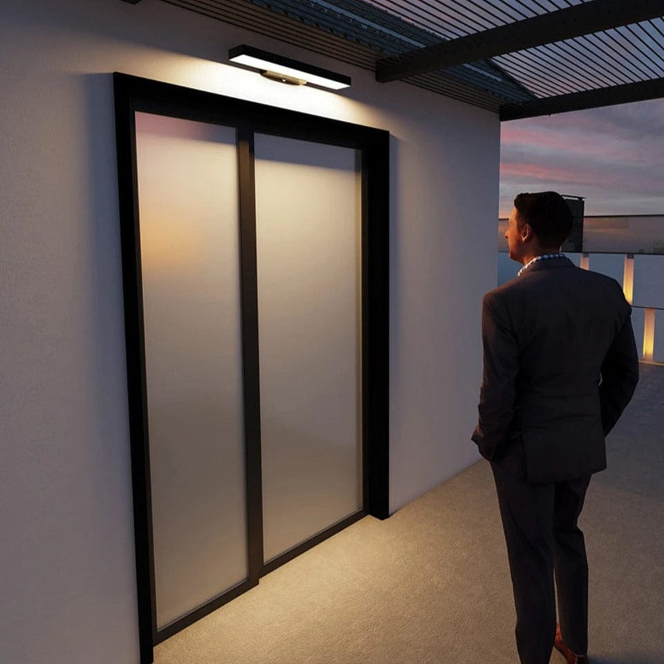 Moderna svarta LED utomhusvägglampor med rörelsesensor och skymning-till-gryning-funktion - Väderbeständig sconce för entré och garage