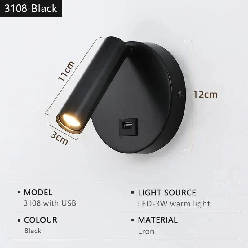 Modern LED Vägglampa Med Strömbrytare - Inomhus - Justerbar - USB Laddning - 350° Rotation - Svart/Koppar Finish