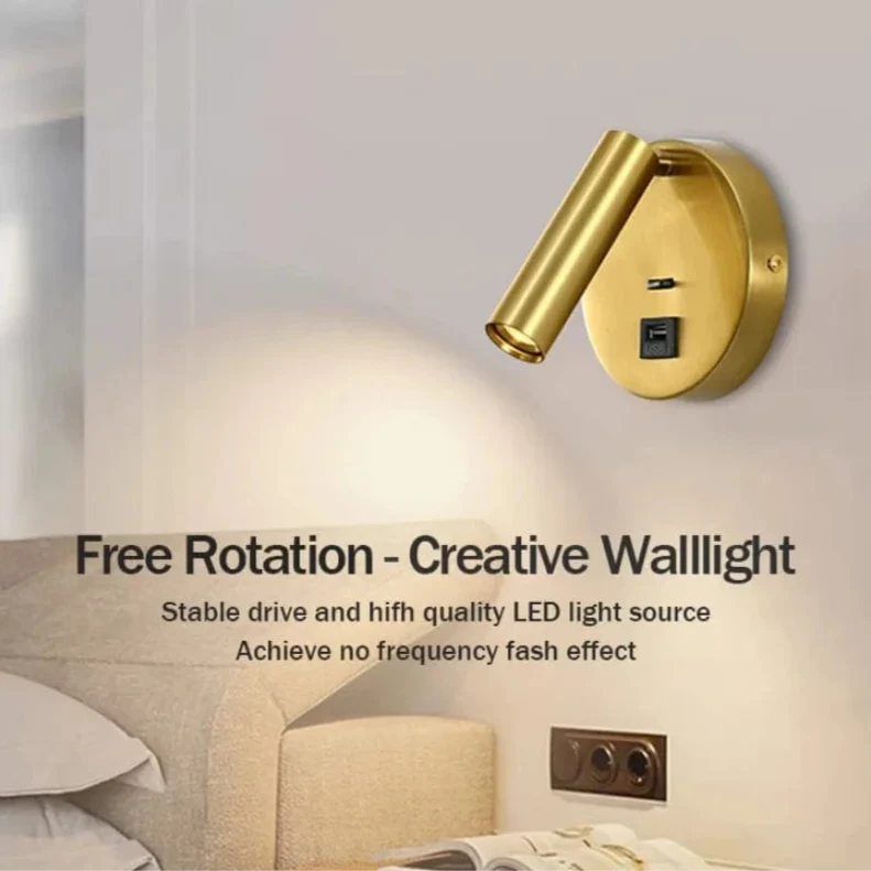 Modern LED Vägglampa Med Strömbrytare - Inomhus - Justerbar - USB Laddning - 350° Rotation - Svart/Koppar Finish