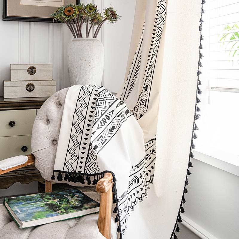 Geometrisk Fringe Gardin Semi Mörkläggande Draperier i Bomullsblandning