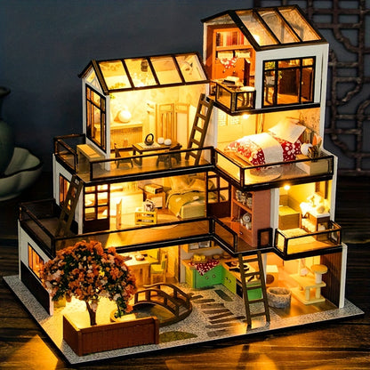 Miniatyr Villa 3D Pussel Kit – Handgjord Modell med LED-belysning och Detaljerad Interiör
