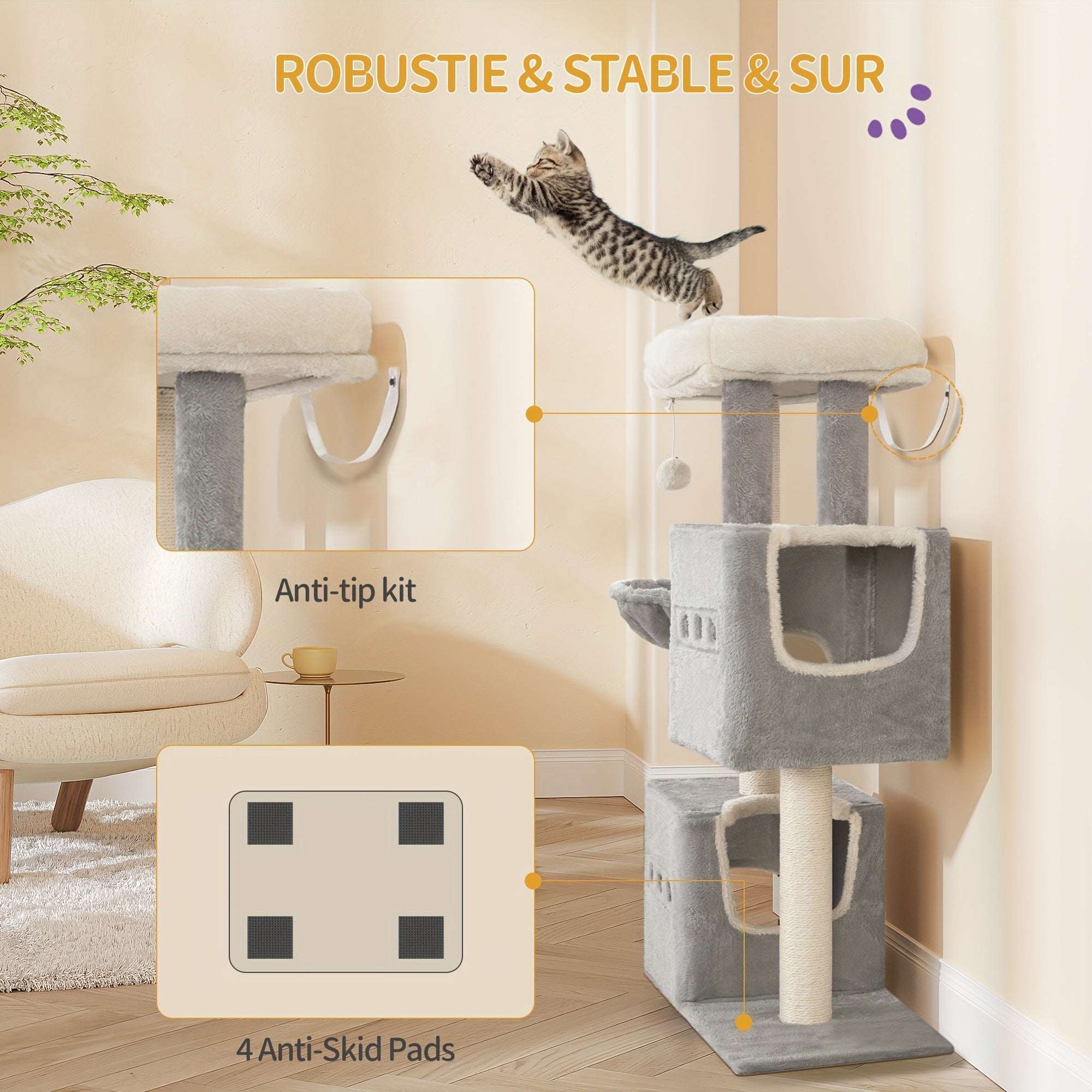 Flerfärgad Kattträd med Klösstolpe och Mysiga Grottor