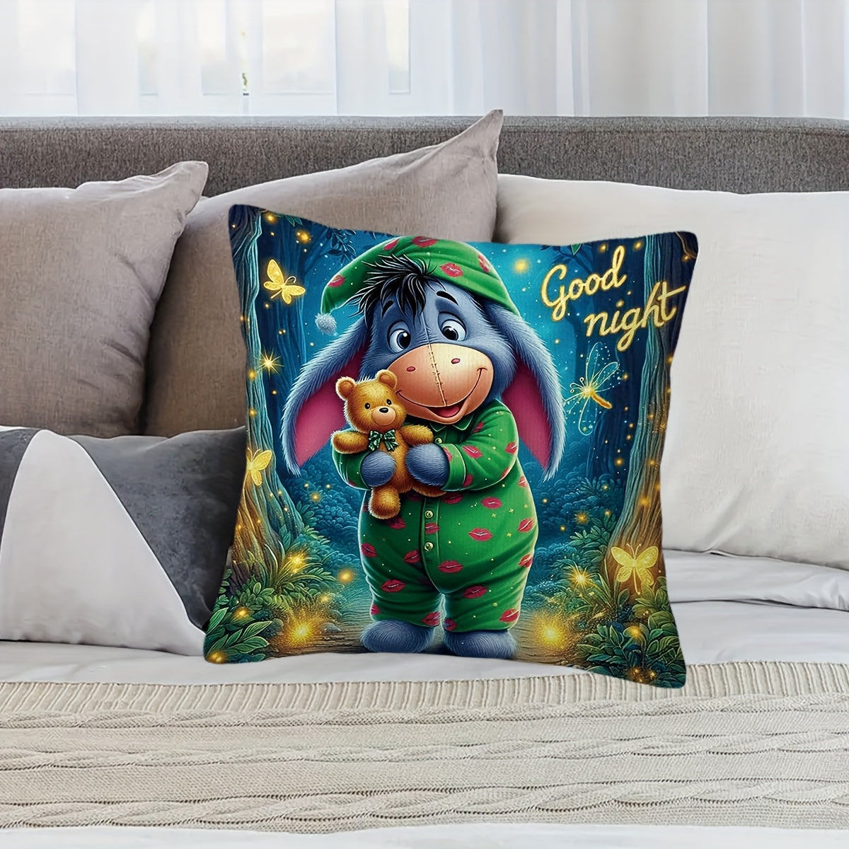 Eeyore Plysch Kuddöverdrag - Lekfullt Tvåsidigt Design med Dragkedja för Vardagsrum och Sovrum