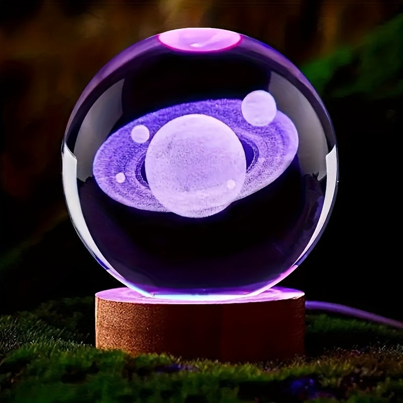 LumiSphere - 3D Kristallboll LED Nattlampa med Träbas