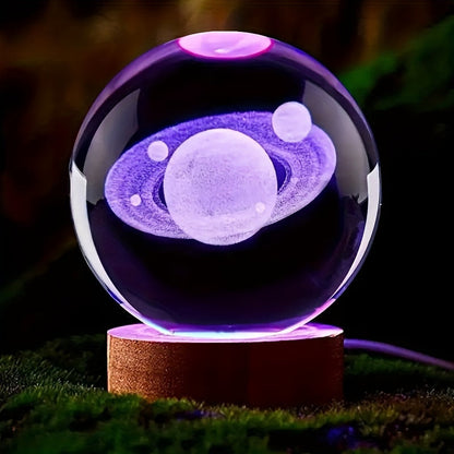 LumiSphere - 3D Kristallboll LED Nattlampa med Träbas