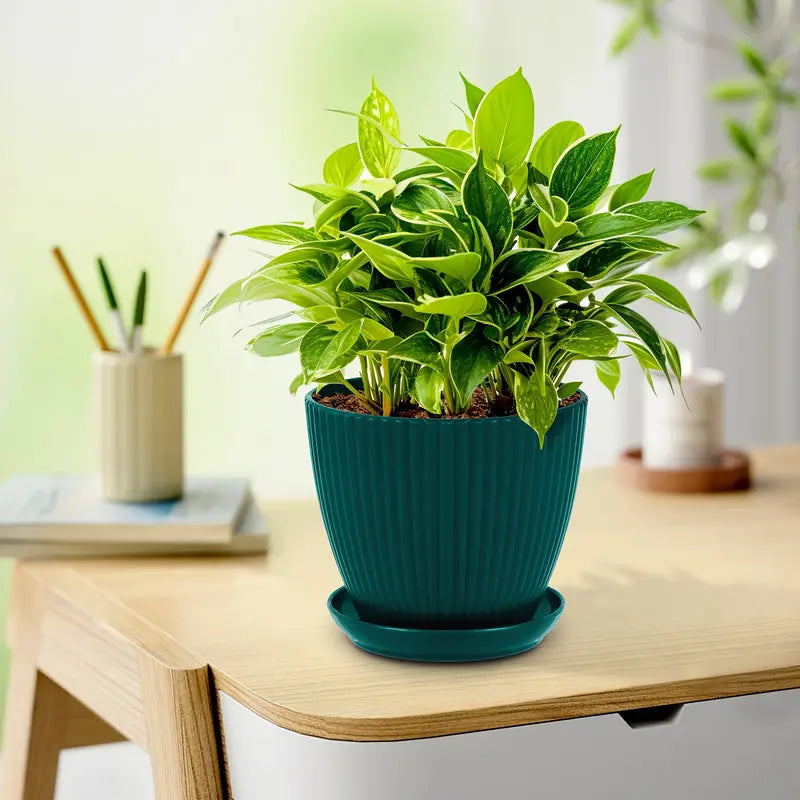 Blomkruka med ribbad struktur och bricka – Stabil plastkruka för växter