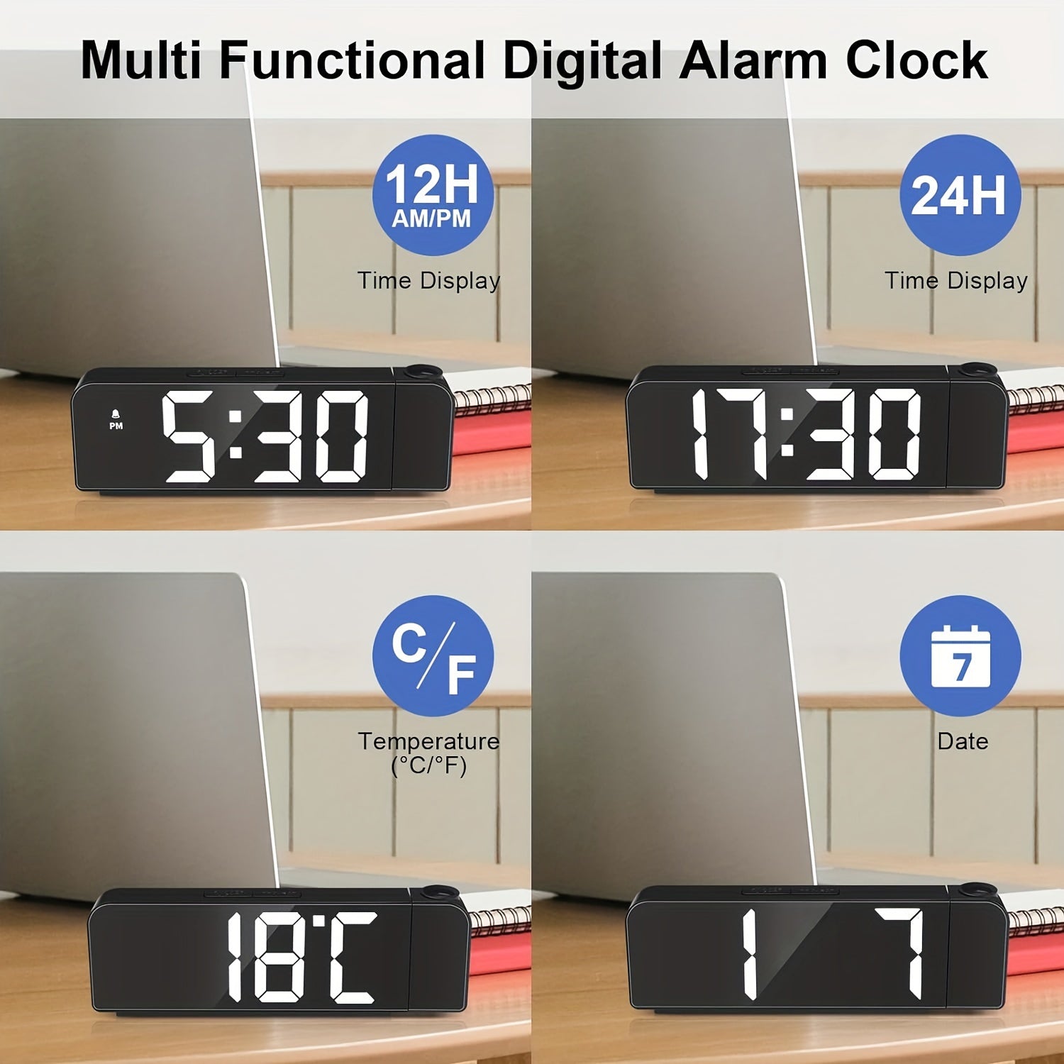 LED Projektionsväckarklocka – Temperatur- och datumsdisplay med USB-ström