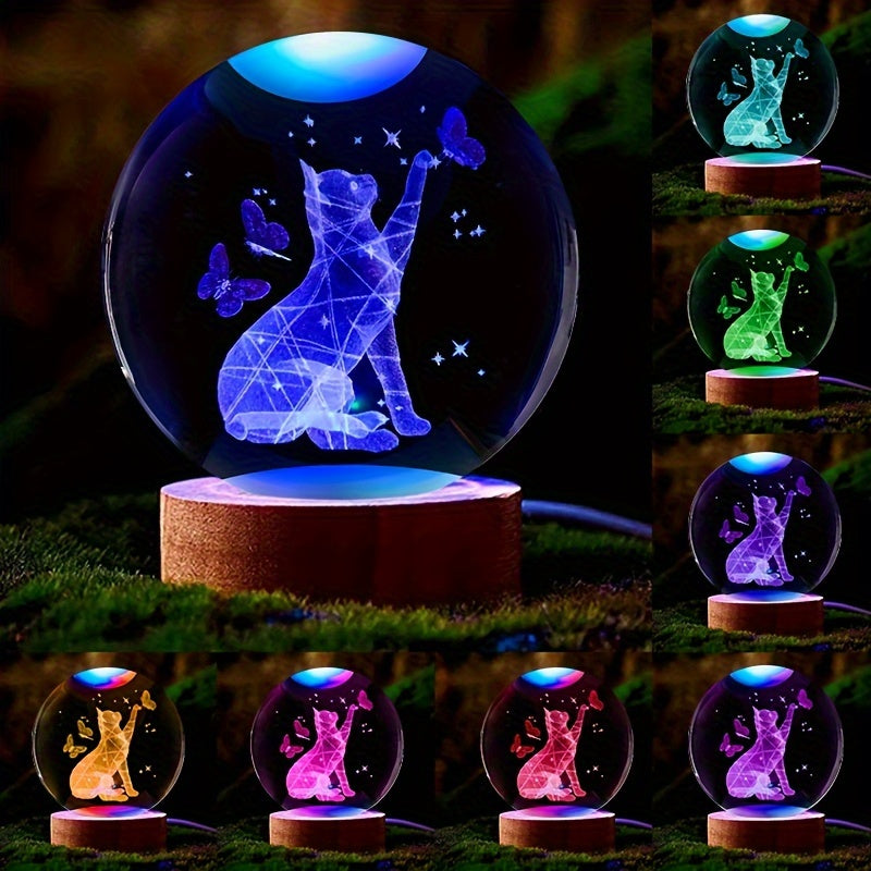 CrystalGlow - 3D Katt & Fjäril Kristallboll Nattlampa med Träfot