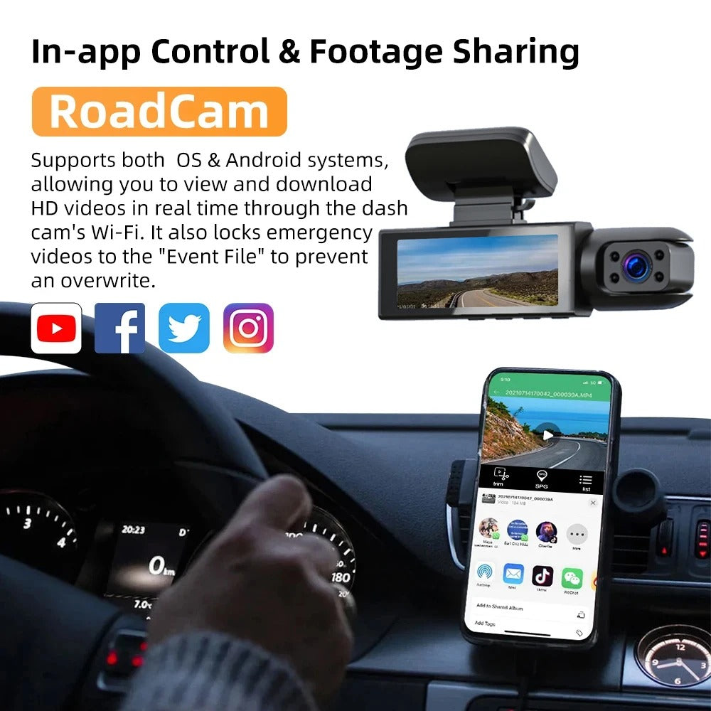 1080P WiFi Dubbelkamera Dash Cam – Främre &amp; Inuti Bilkamera med IR Nattvision &amp; Loopinspelning