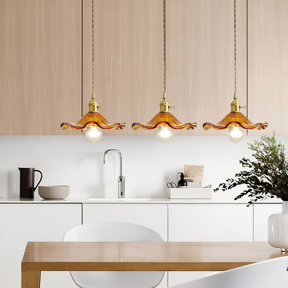 Art Nouveau Fluted Glass Pendant | Flower-Inspired Shade | H4.72in x D9.06-23.62in | Brass &amp; Glass Craftsmanship | Brick by Brick
