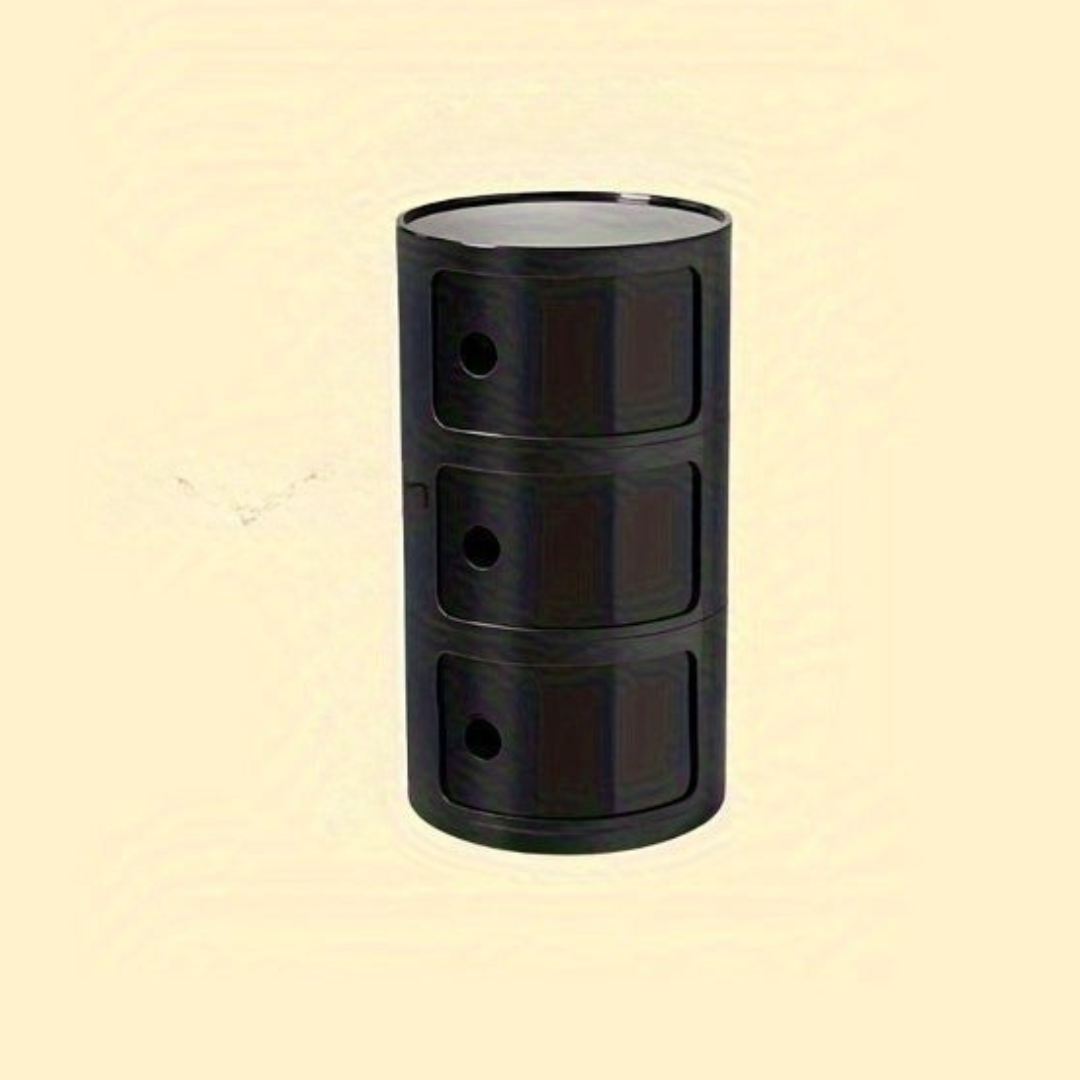 Sängbord med runda plastförvaringslådor