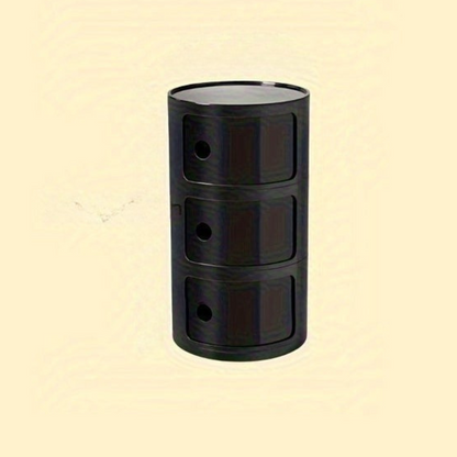 Sängbord med runda plastförvaringslådor