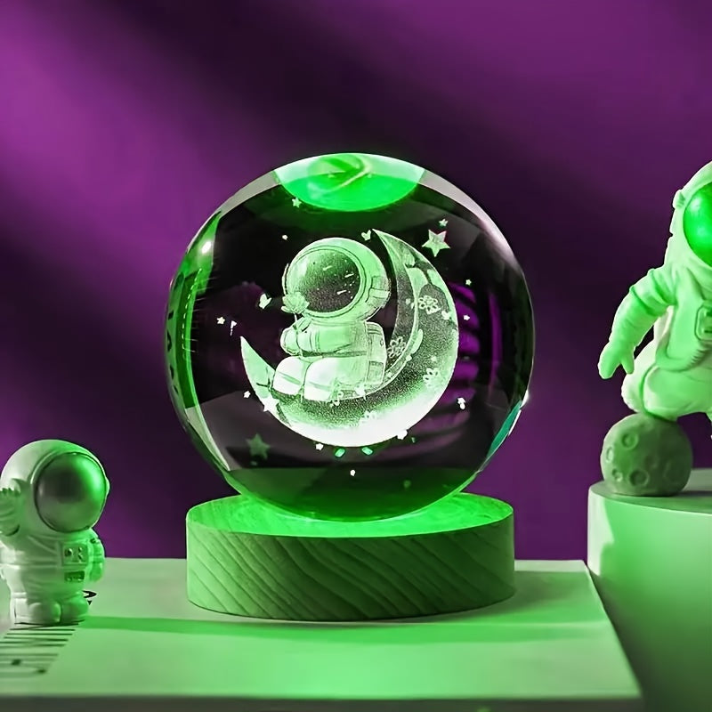 LumiSphere - 3D Kristallboll LED Nattlampa med Träbas