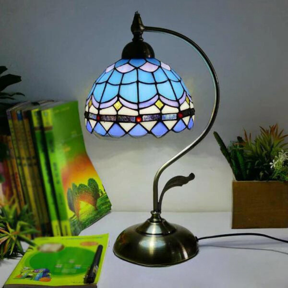 Tiffany Gooseneck Bordslampa - Metall Nattduksbordslampa med Handbearbetad Glaskupa