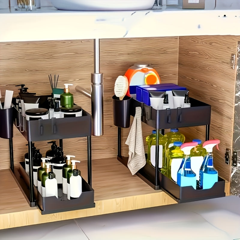 2-Tier Organizer med Krok och Kopp – Smart och Stabil Förvaringssystem för Under-Bänk eller Bänkytan