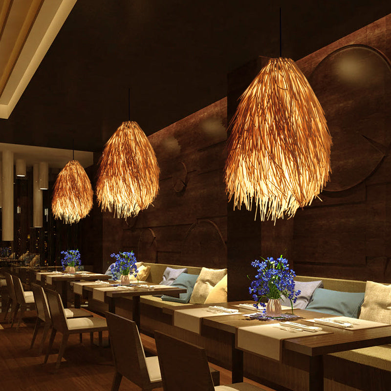 Beige Rattanhänglampa - Asiatiskt Stil 1-Lamps Pendelarmatur för Restaurang