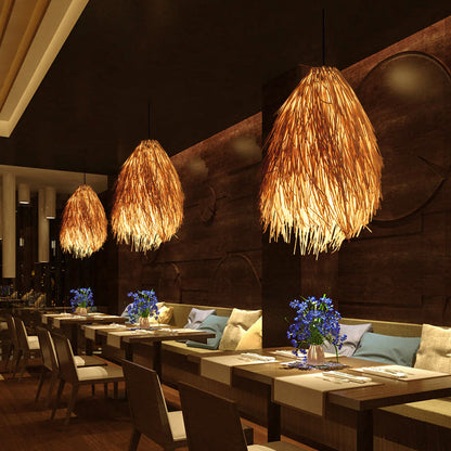 Beige Rattanhänglampa - Asiatiskt Stil 1-Lamps Pendelarmatur för Restaurang