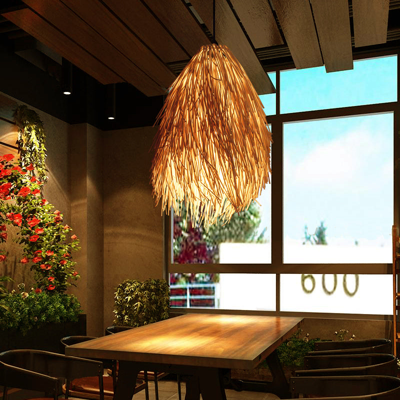 Beige Rattanhänglampa - Asiatiskt Stil 1-Lamps Pendelarmatur för Restaurang