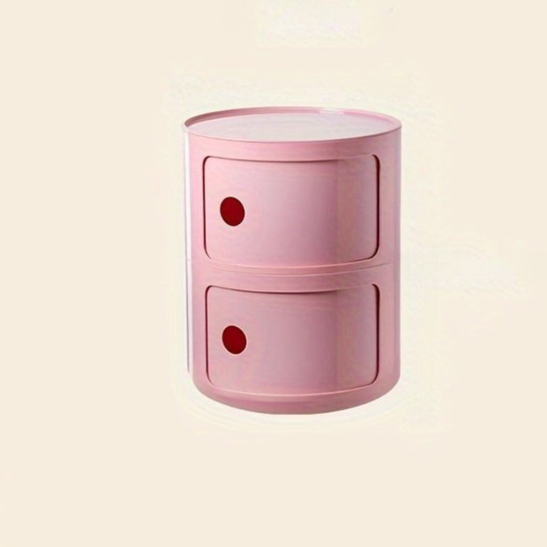 Sängbord med runda plastförvaringslådor